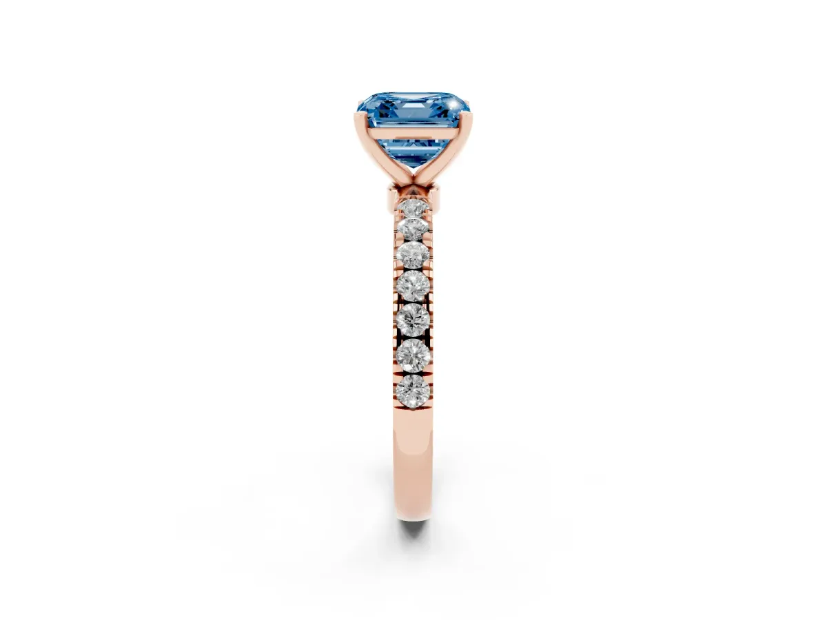 Fancy Blue Asscher Cut Diamond Solitaire Ring with Pavé Accents and Four-Prong Setting Rose gold