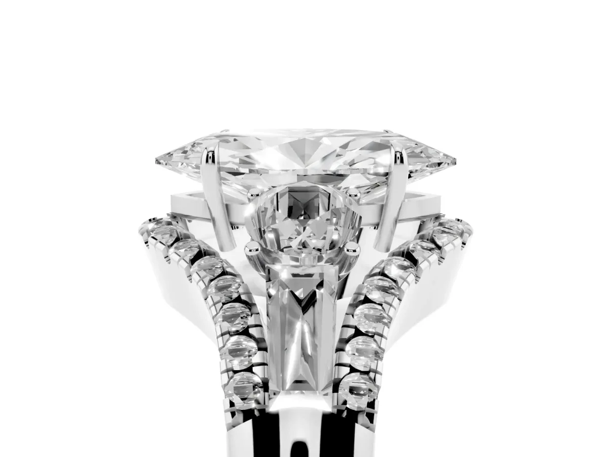 Three-Stone Marquise Cut Diamond Engagement Ring with Pave Band and Prong Setting Silver