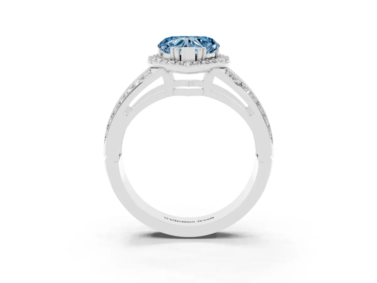 Fancy Blue Heart Cut Diamond Halo Ring with Split Shank Pavé Band and Four-Prong Setting Platinum