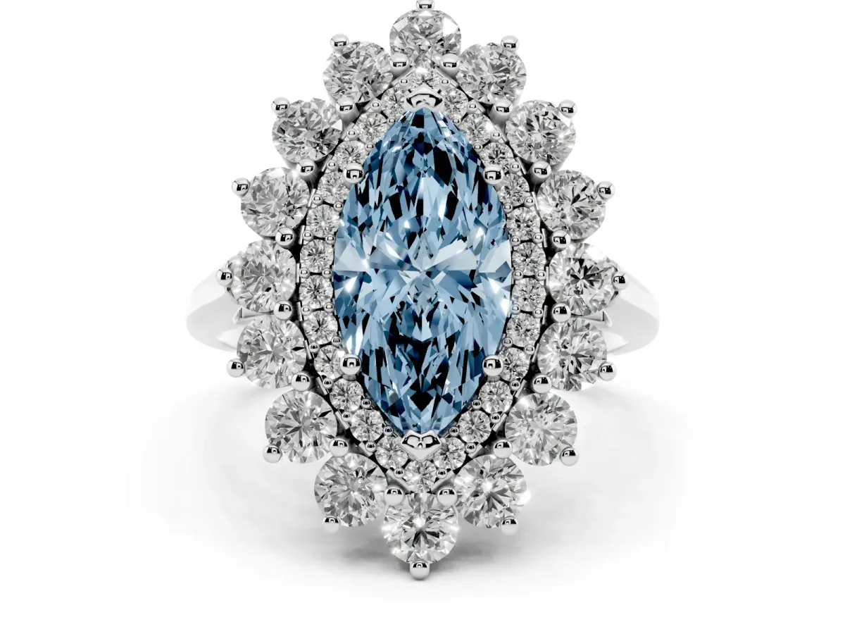 Fancy Blue Marquise Cut Diamond Floral Double Halo Engagement Ring with Prong Setting Platinum