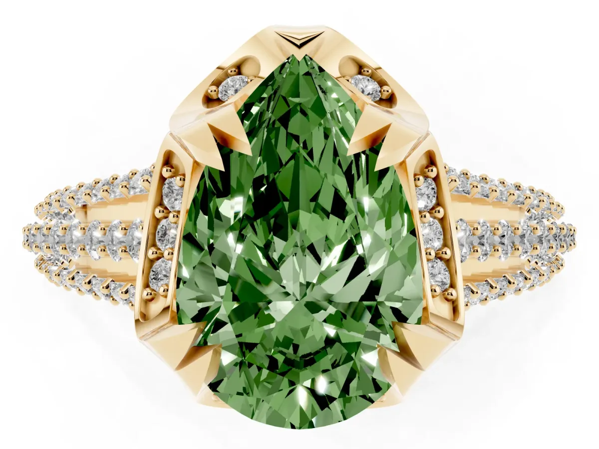 Fancy Green Pear Cut Solitaire Pave Split Shank Ring with Four-Prong Setting Yellow gold