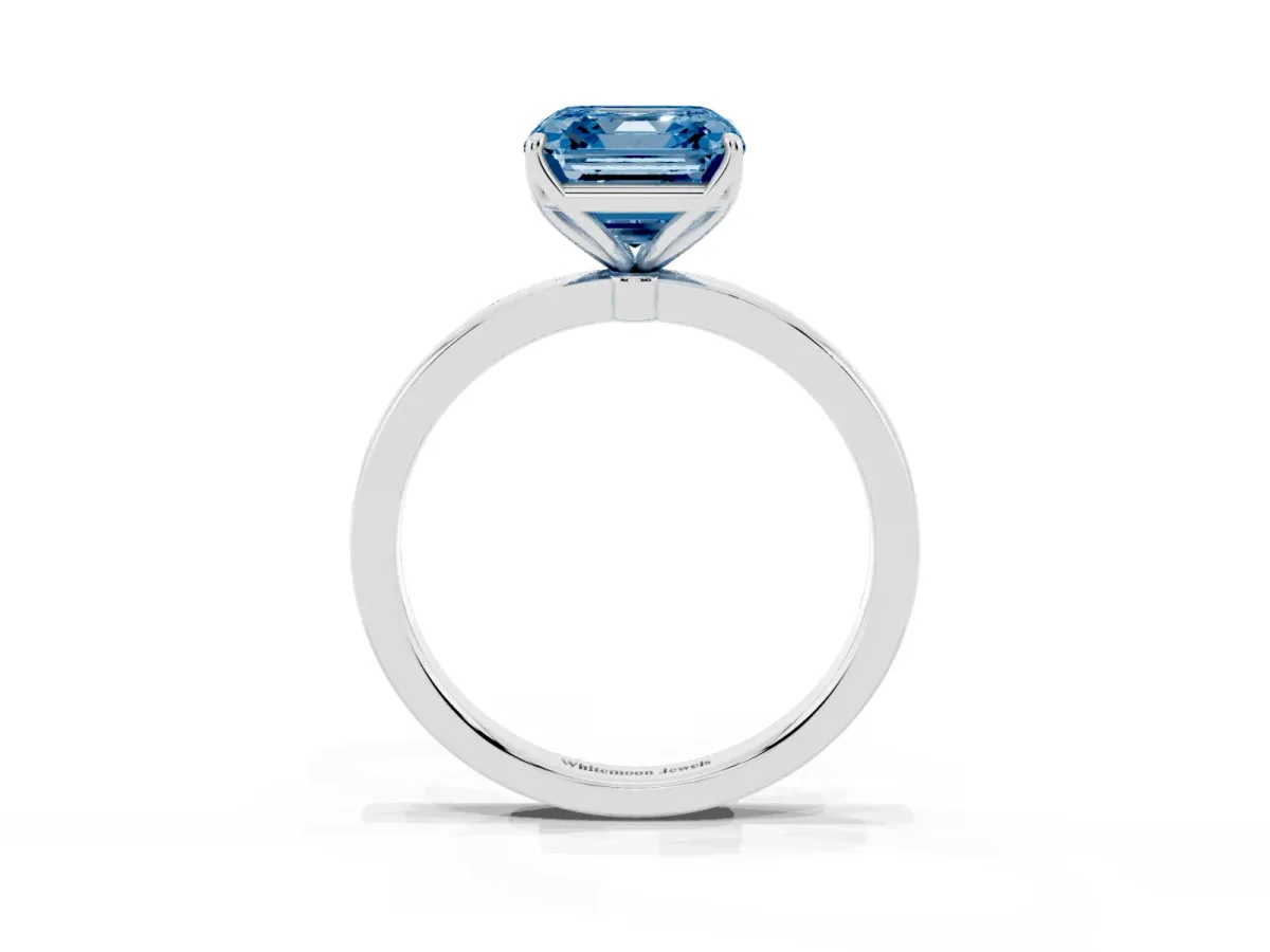 Fancy Blue Asscher Cut Diamond Solitaire Ring with Thin Band and Prong Setting Silver