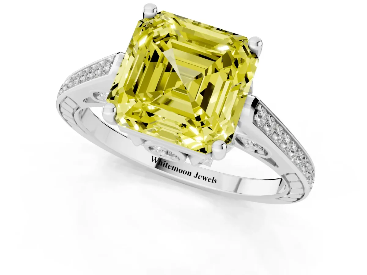 Fancy Yellow Asscher Cut Cut Cathedral Pave Diamond Engagement Ring with Six-Prong Setting Silver