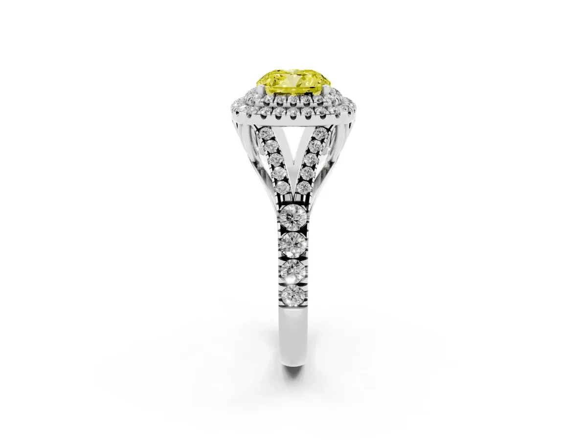 Fancy Yellow Cushion Cut Diamond Pavé Split Shank Double Halo Engagement Ring Silver