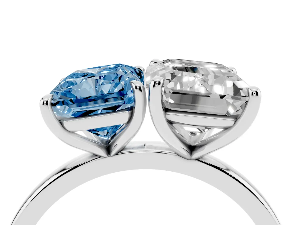 Fancy Blue Radiant Cut and Emerald Cut Toi Moi Ring with Prong Setting Silver
