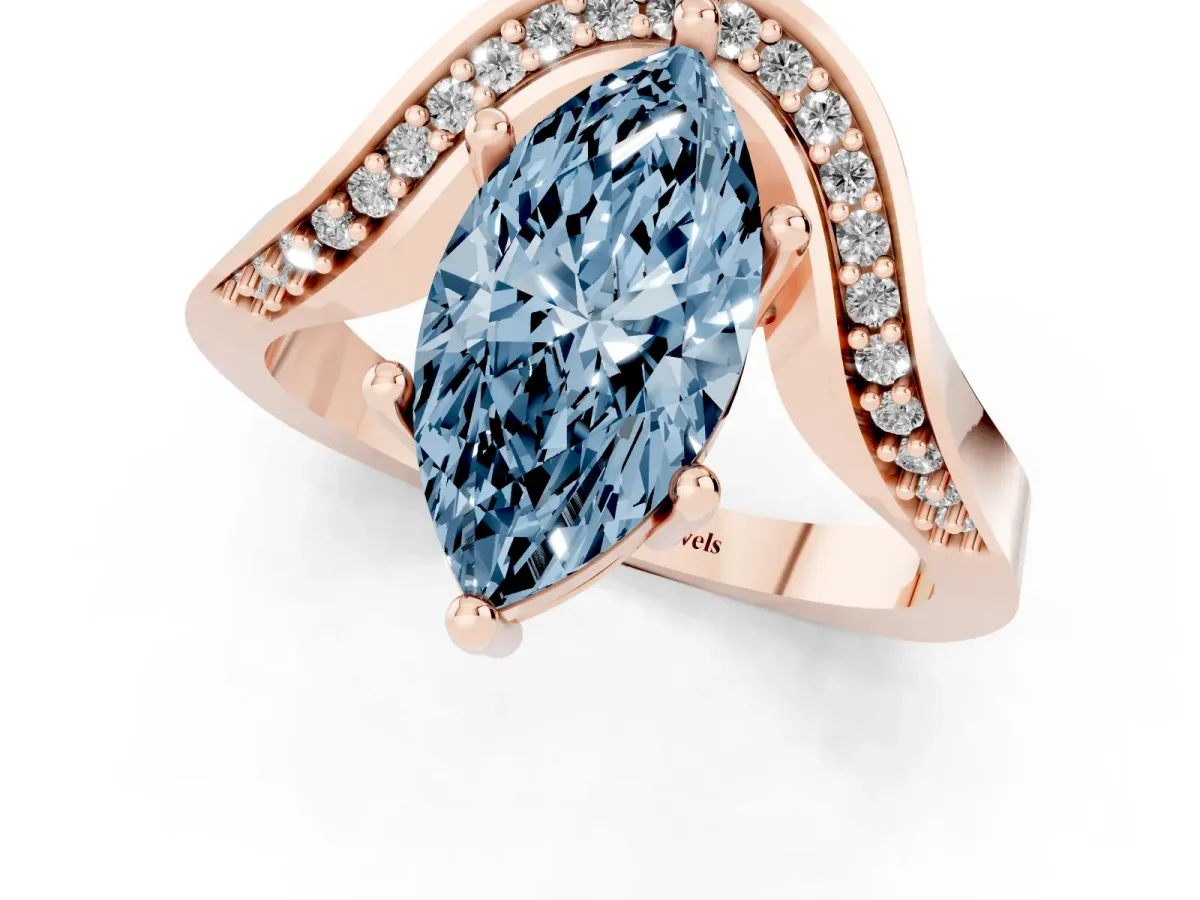 Fancy Blue Marquise Cut Solitaire Diamond Engagement Ring with Pave Band and Four-Prong Setting Rose gold