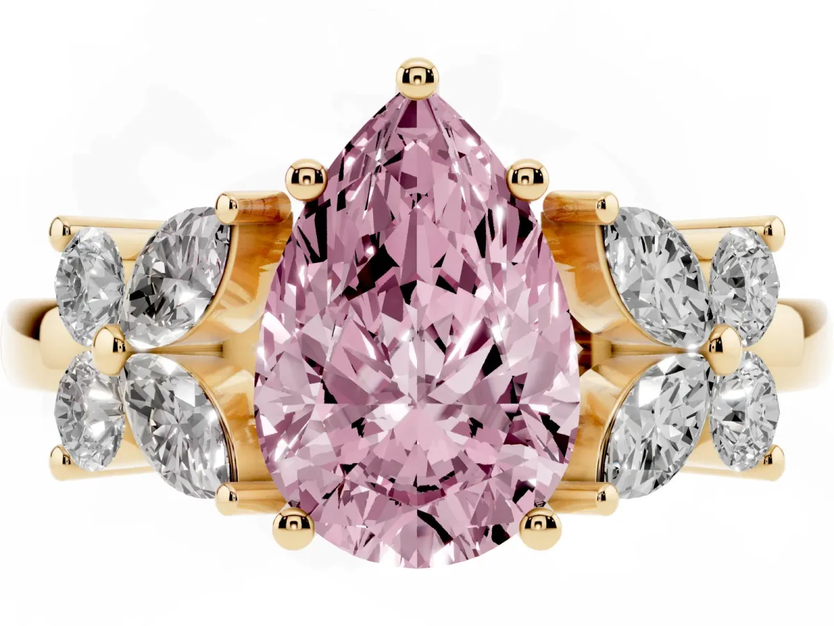 Fancy Pink Pear Cut Diamond Floral Cluster Ring with Solitaire Band and Prong Setting Yellow gold