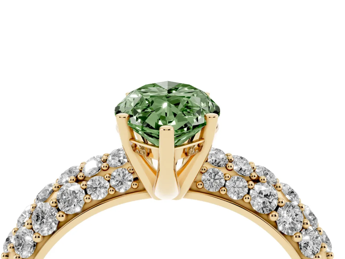 Fancy Green Marquise Cut Diamond Pavé Band Solitaire Ring with Four-Prong Setting Yellow gold