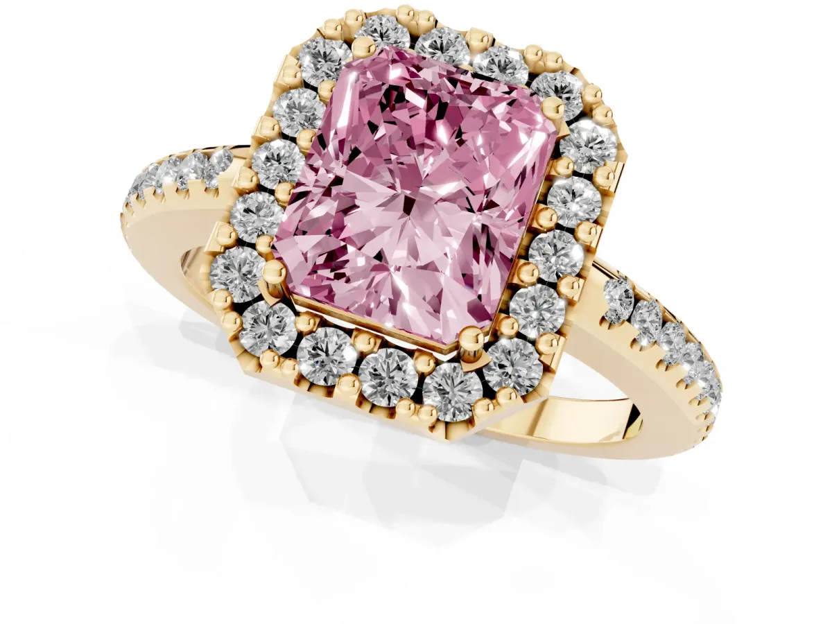 Fancy Pink Radiant Cut Diamond Pavé Halo Ring with Four-Prong Setting Yellow gold