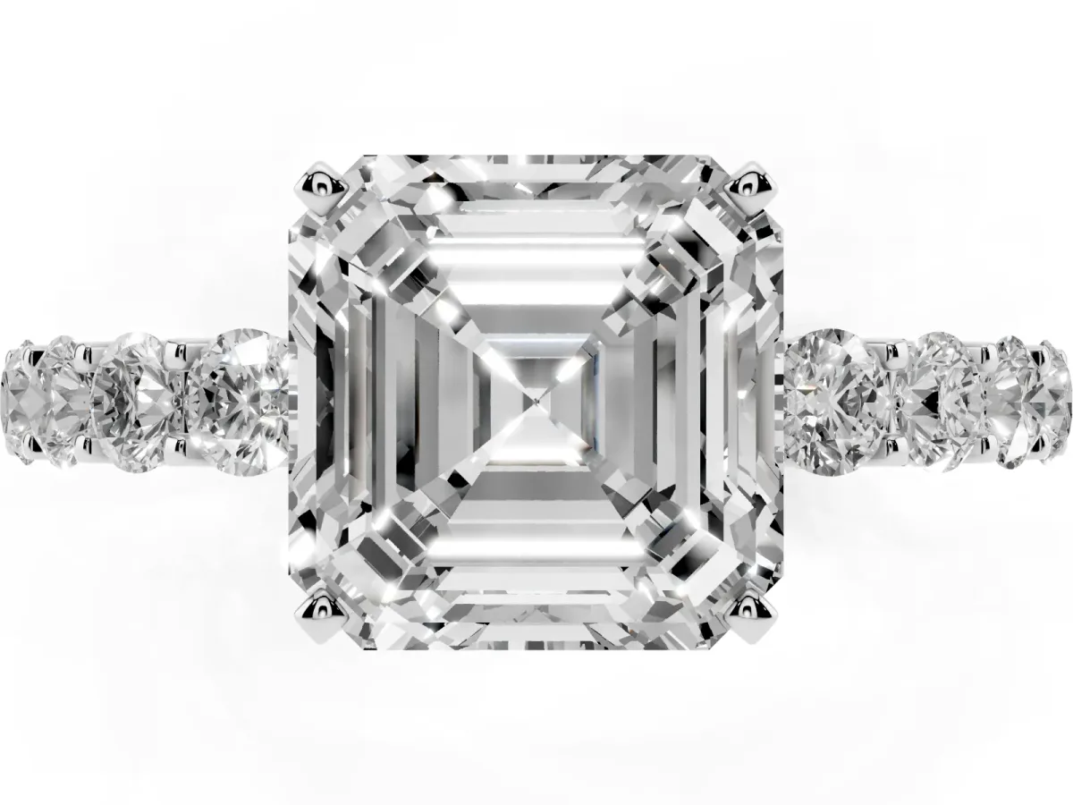 Asscher Cut Diamond Solitaire Ring with Shared Prong Pavé Band and Four-Prong Setting Silver