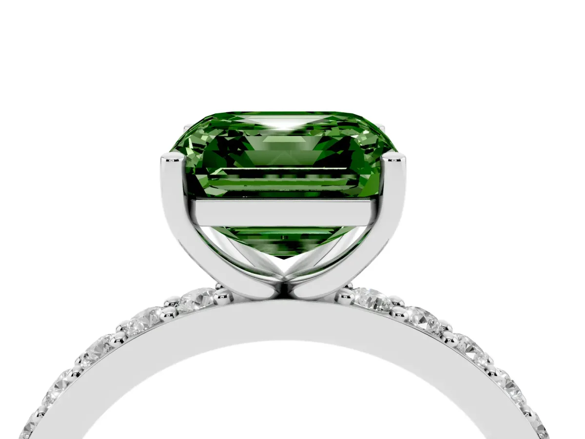 Fancy Green Asscher Cut Cut Diamond Solitaire with Pave Band and Four-Prong Setting Silver