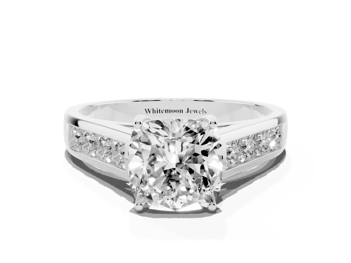 Cushion Cut Solitaire Channel-Set Diamond Engagement Ring with Four-Prong Setting Silver
