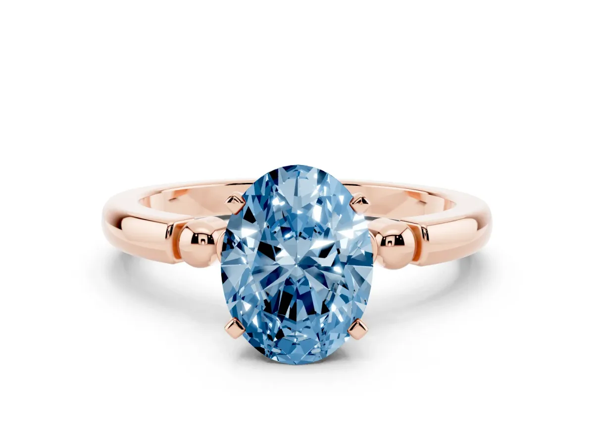 Fancy Blue Oval Cut Solitaire Beaded Band with Four-Prong Setting Rose gold