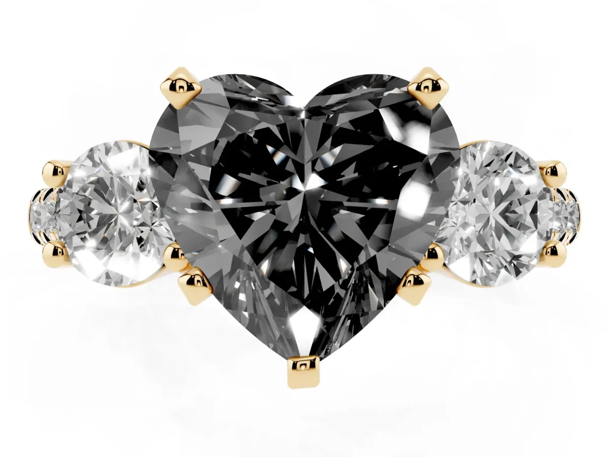 Fancy Black Three-Stone Heart Cut Diamond Pavé Band with Four-Prong Setting Yellow gold
