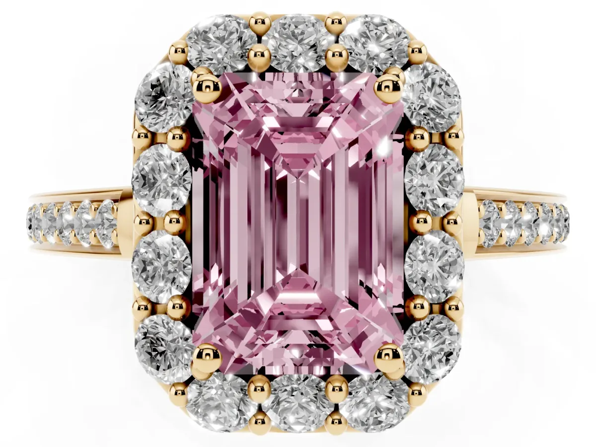 Fancy Pink Emerald Cut Diamond Floral Halo Ring with Pavé Band and Prong Setting Yellow gold