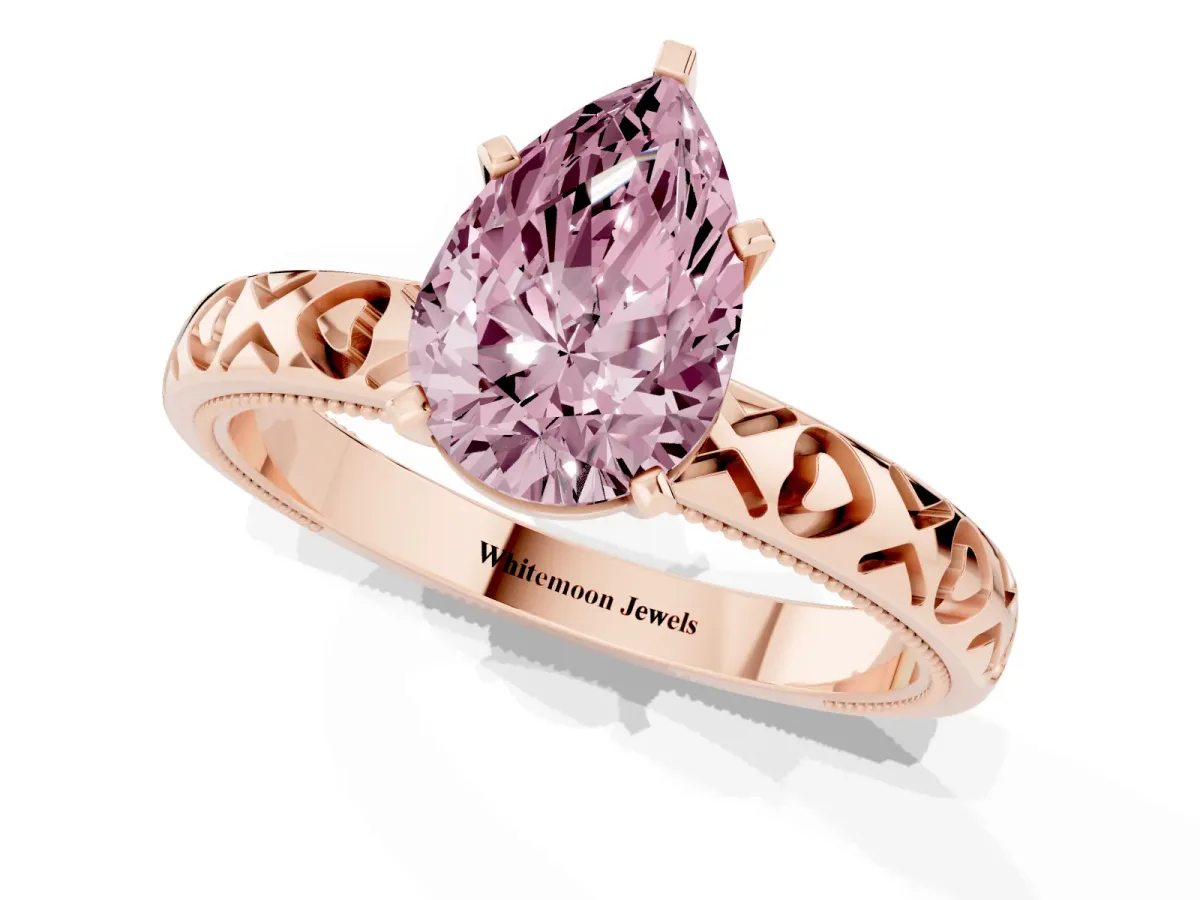 Fancy Pink Pear Cut Solitaire Diamond Engagement Ring with XO Engraved Band and Four-Prong Setting Rose gold