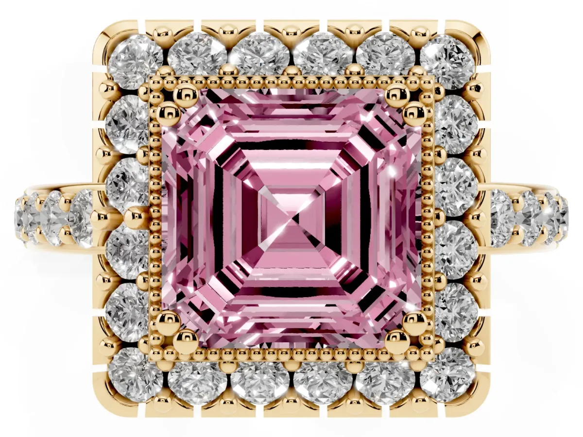 Fancy Pink Asscher Cut Diamond Halo Ring with Pavé Band and Prong Setting Yellow gold