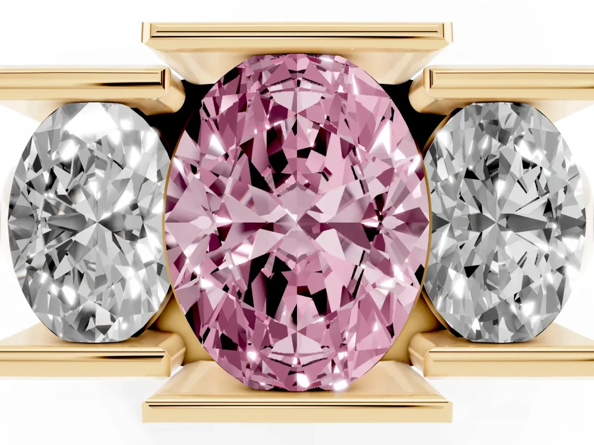 Fancy Pink Three Stone Oval Cut Cut Channel Set Diamond Ring Yellow gold