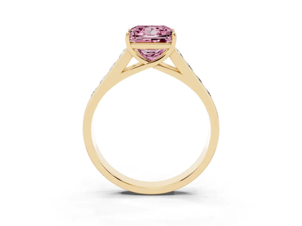Fancy Pink Princess Cut Solitaire Channel-Set Diamond Engagement Ring with Four-Prong Setting Yellow gold