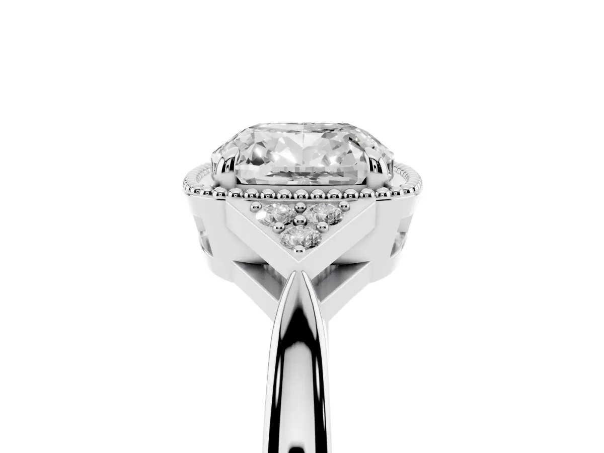 Hexagonal Halo Cushion Cut Diamond Solitaire with Pavé Band and Four-Prong Setting Silver