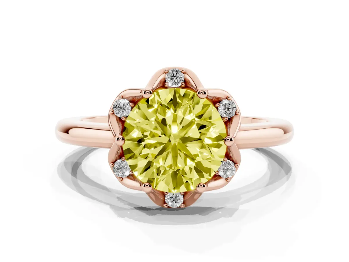 Fancy Yellow Round Cut Halo Diamond Ring with Round Cluster Setting, Solitaire Band, and Four-Prong Setting Rose gold