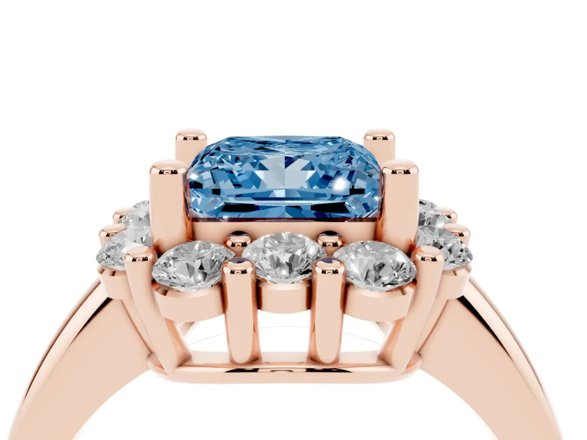 Fancy Blue Princess Cut Halo Cluster Diamond Engagement Ring with Prong Setting and Polished Band Rose gold