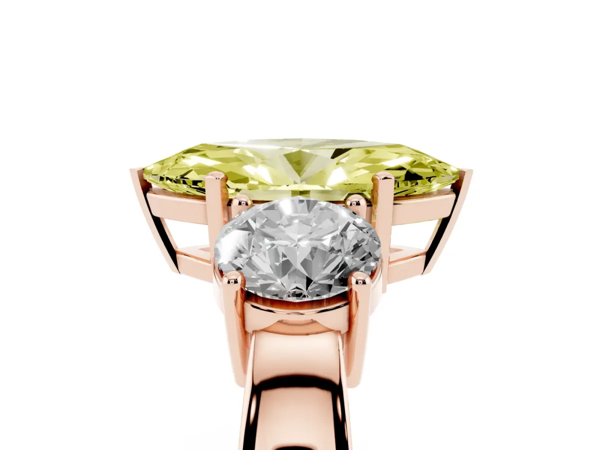 Fancy Yellow Three-Stone Marquise Cut Diamond Ring with Round Side Stones, Classic Band, and Four-Prong Setting Rose gold