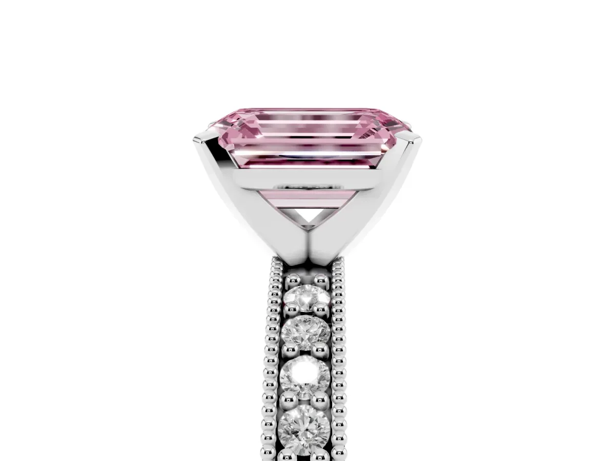 Fancy Pink Emerald Cut Diamond Milgrain Pavé Engagement Ring with Four-Prong Setting Silver