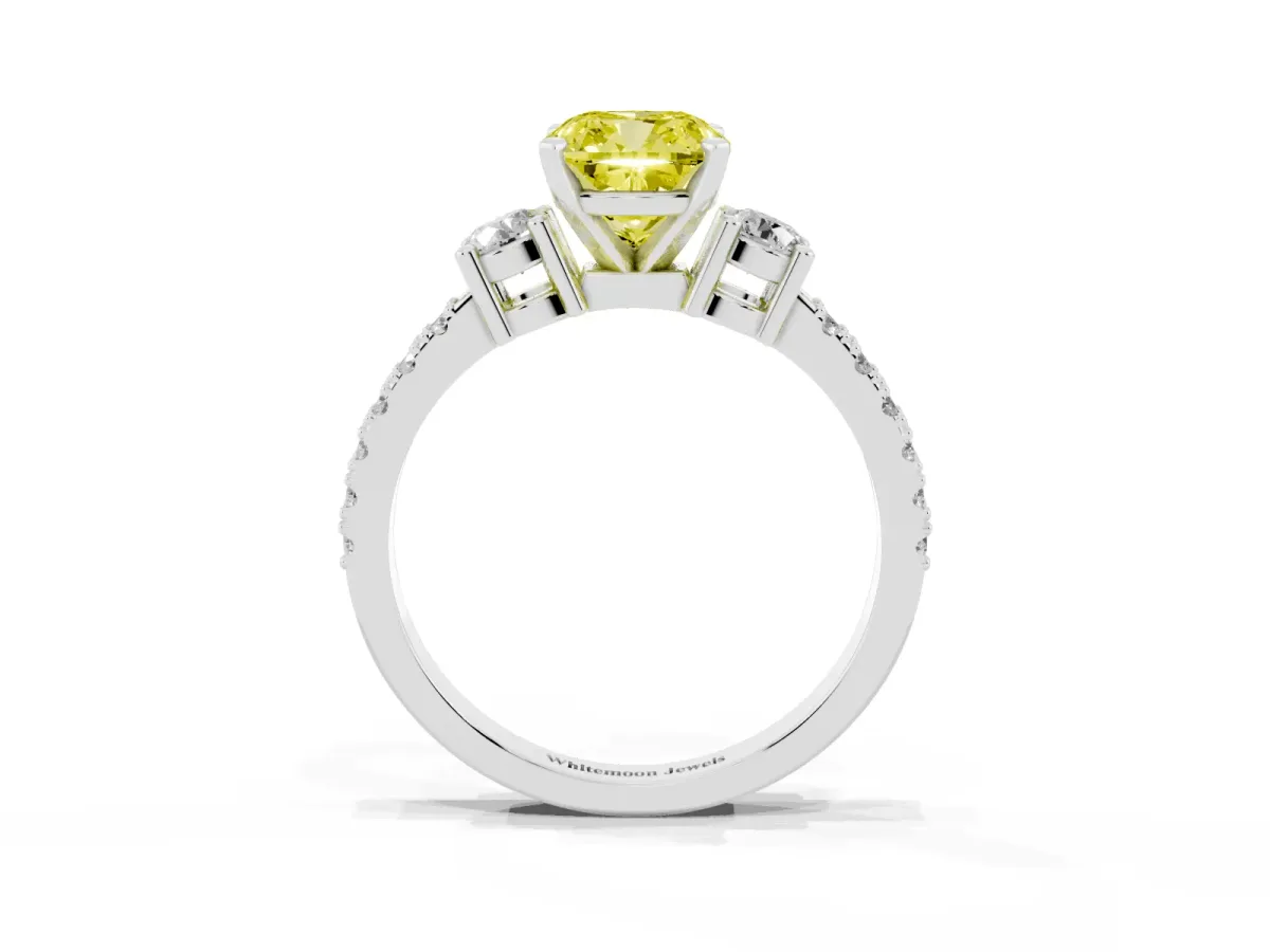 Fancy Yellow Cushion Cut Three-Stone Diamond Pavé Band with Prong Setting Platinum
