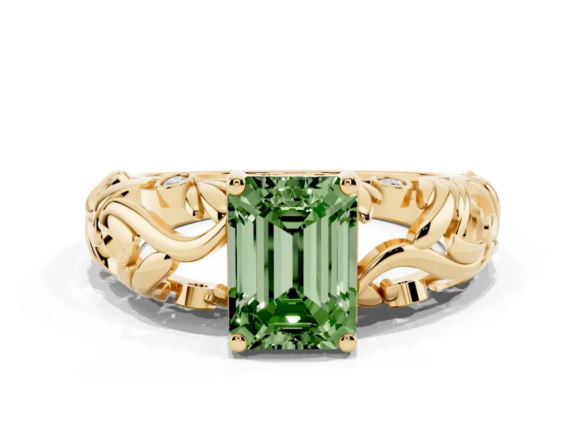 Fancy Green Emerald Cut Solitaire Diamond Leaf-Inspired Vine Band Ring with Prong Setting Yellow gold