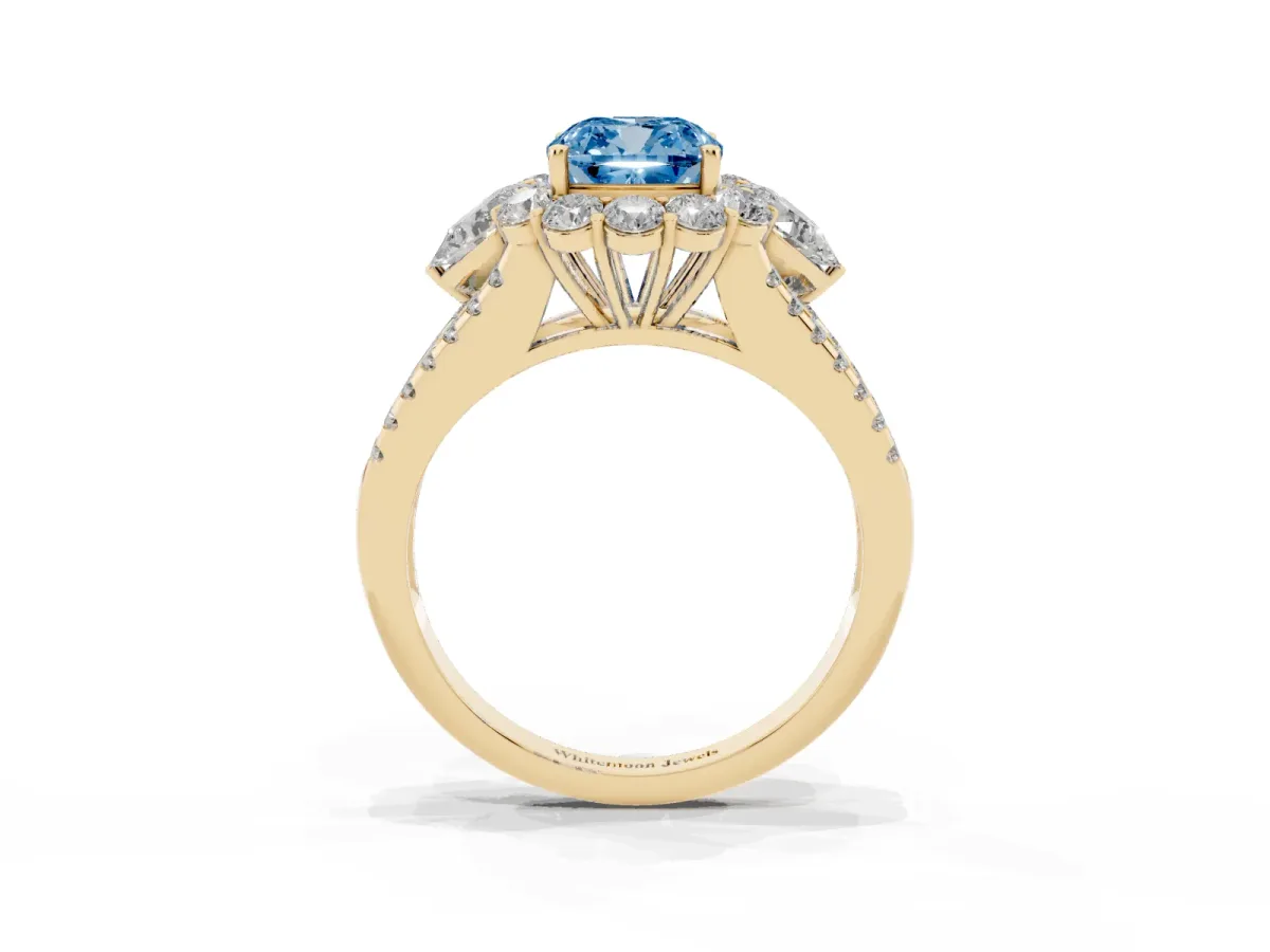 Fancy Blue Cushion Cut Halo Split Shank Diamond Engagement Ring with Prong Setting Yellow gold