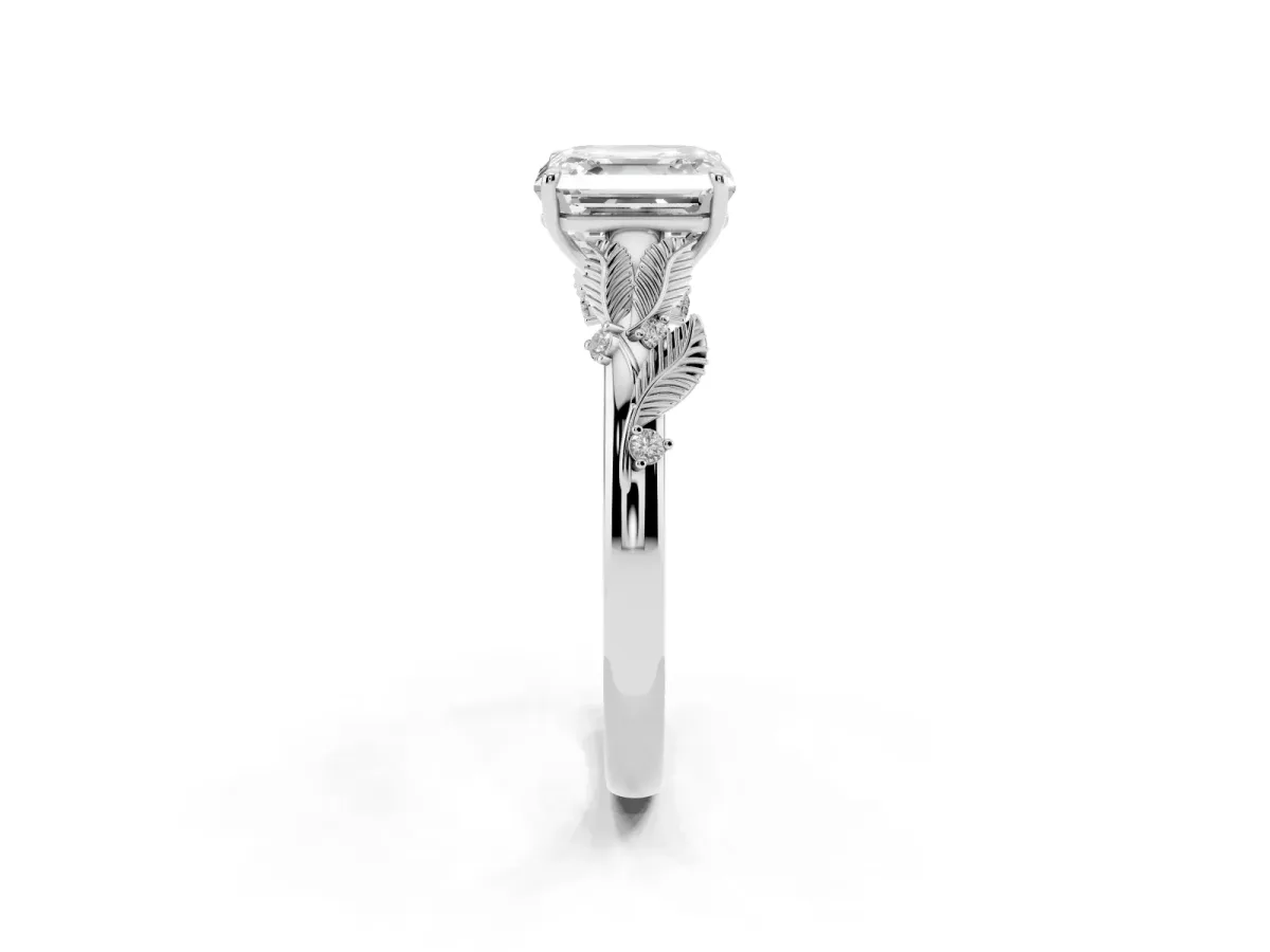 Asscher Cut Diamond Solitaire Ring with Leaf Motif Band and Four-Prong Setting Silver