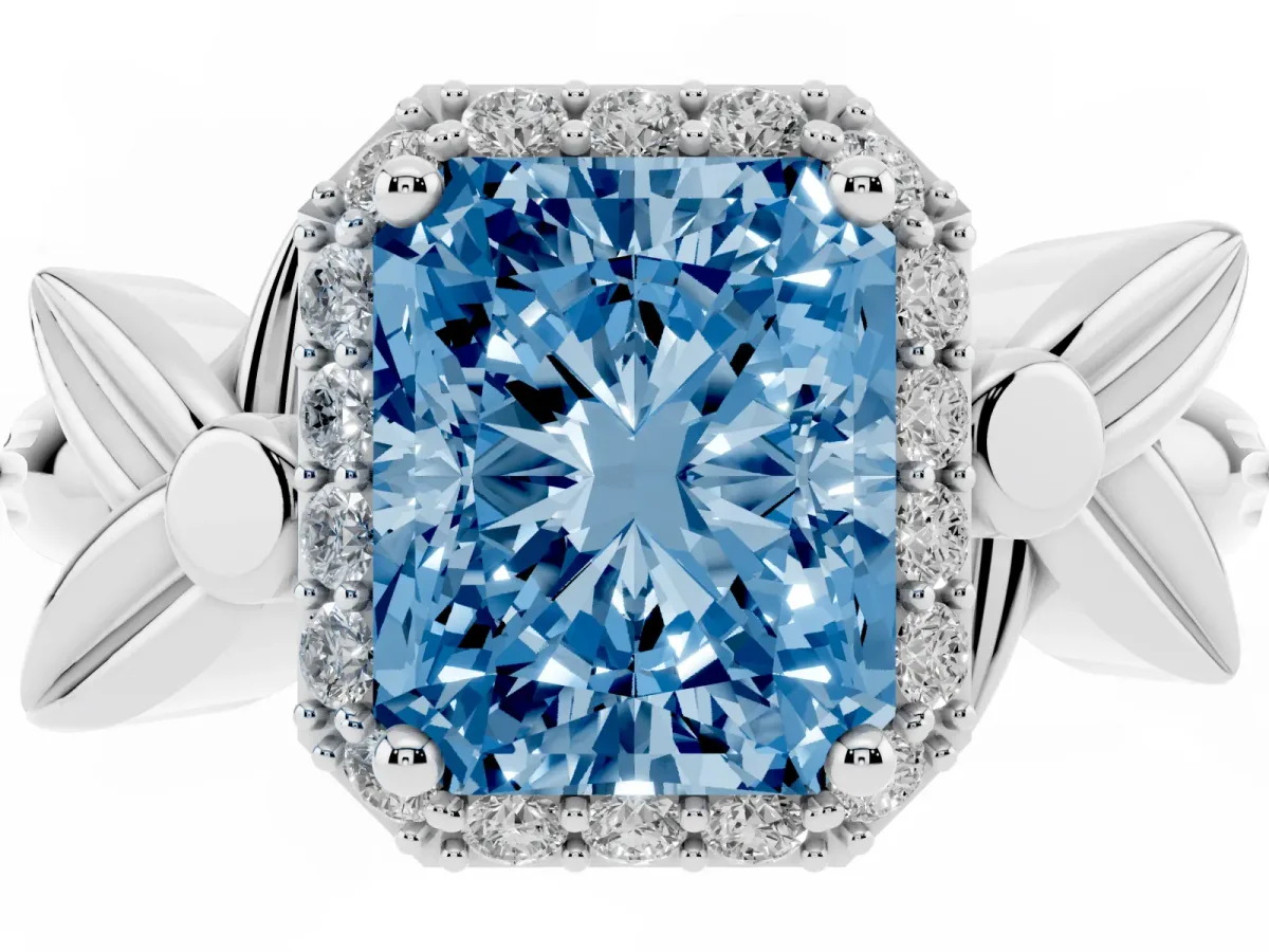 Fancy Blue Radiant Cut Halo Diamond Floral Band with Four-Prong Setting White gold