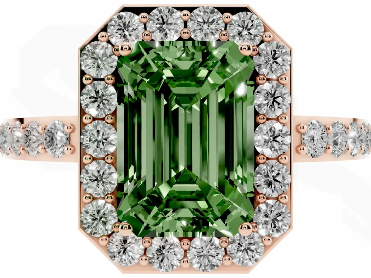 Fancy Green Emerald Cut Halo Diamond Pavé Band Ring with Prong Setting Rose gold