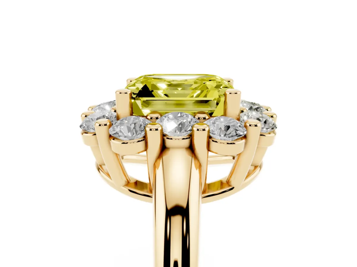 Fancy Yellow Asscher Cut Halo Cluster Diamond Engagement Ring with Prong Setting and Polished Band Yellow gold