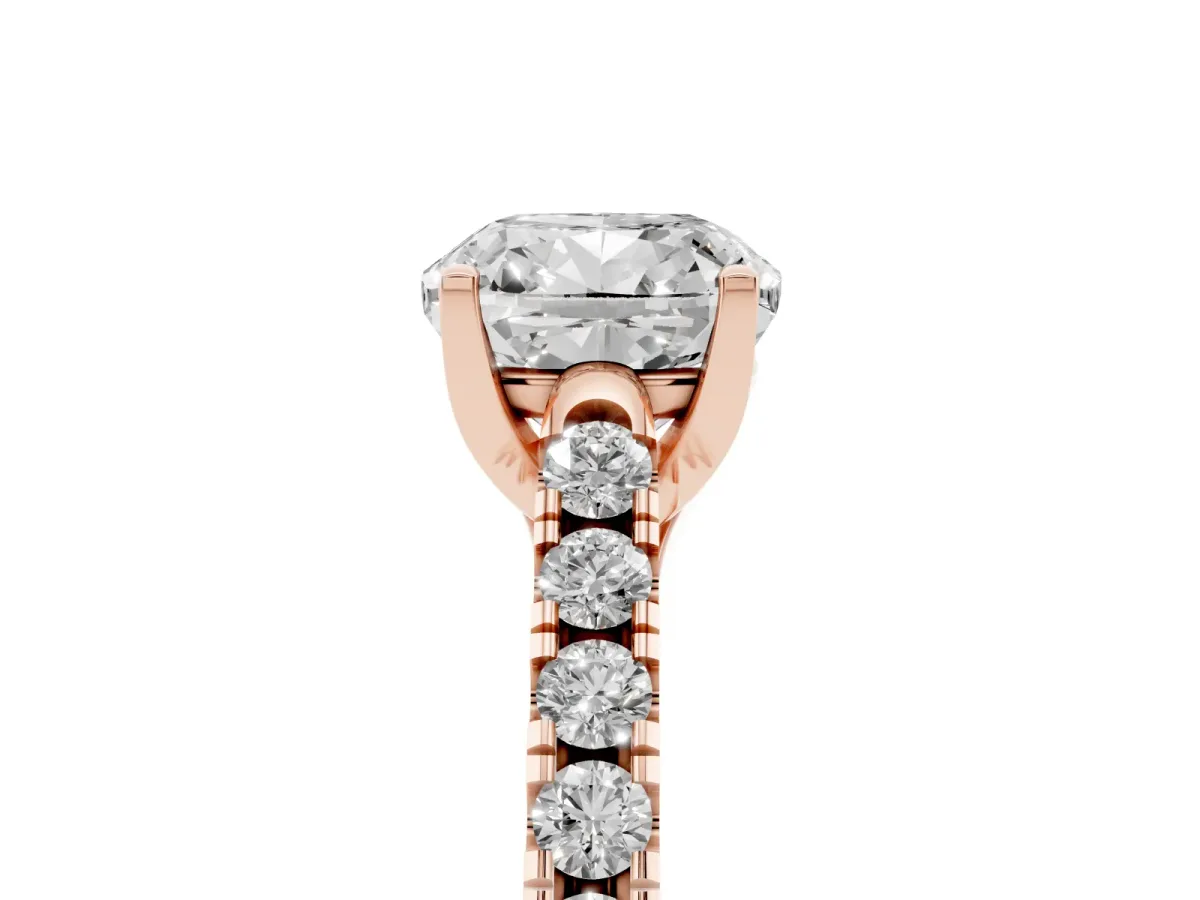 Cushion Cut Diamond Pavé Band Solitaire Ring with Prong Setting Rose gold