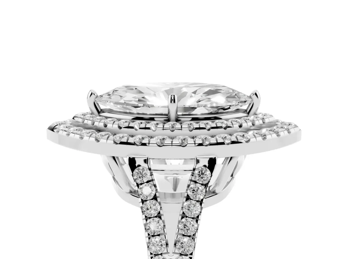 Marquise Cut Diamond Double Halo Ring with Pavé Band and Prong Setting Silver