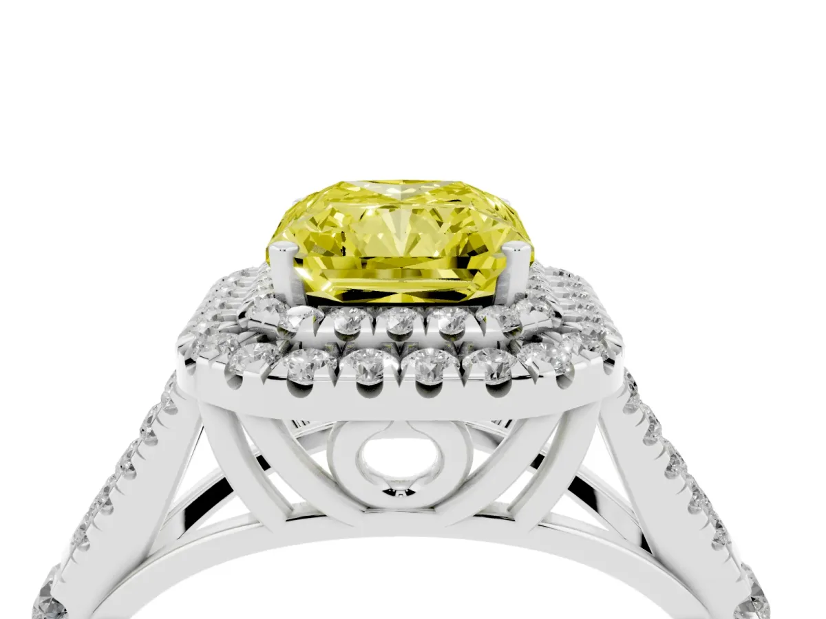 Fancy Yellow Radiant Cut Diamond Pavé Split Shank Double Halo Engagement Ring Silver