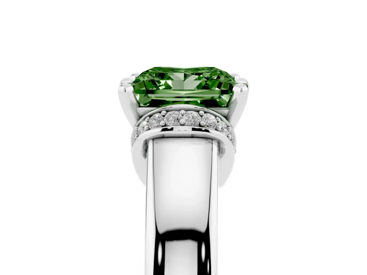 Fancy Green Princess Cut Solitaire Diamond Ring with Pave Band and Six-Prong Setting Platinum