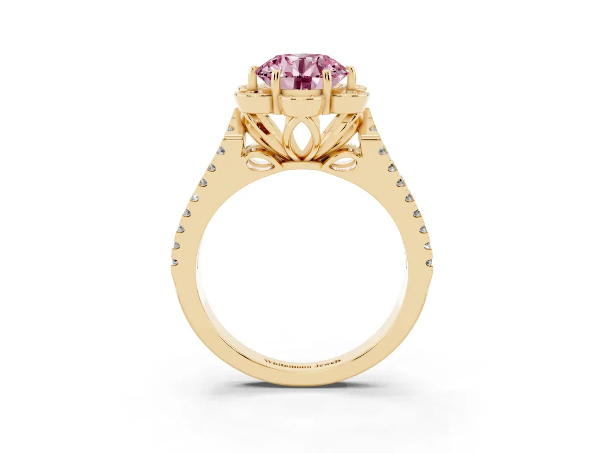 Fancy Pink Round Cut Halo Diamond Floral Split Shank Engagement Ring Yellow gold