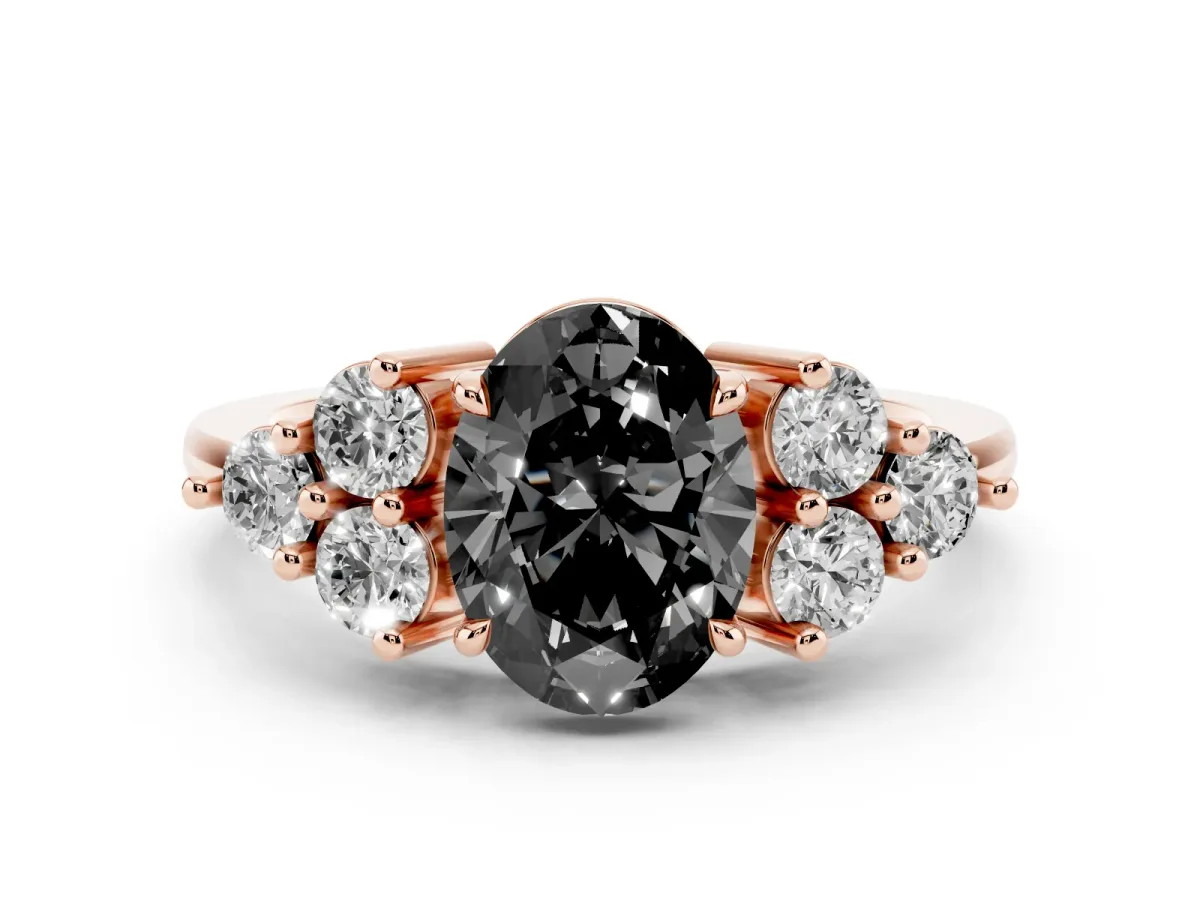 Fancy Black Oval Cut Brilliant Diamond Cluster Accent Solitaire Ring with Prong Setting Rose gold