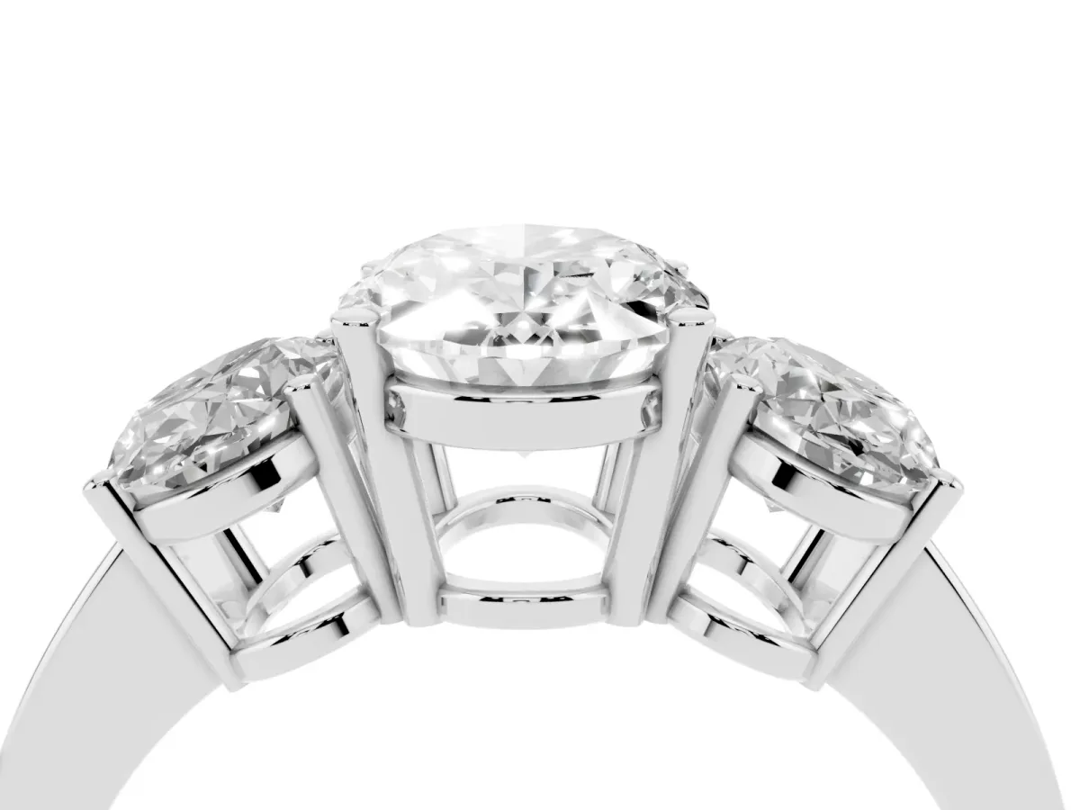 Three-Stone Oval Cut Cut Diamond Engagement Ring with Flat Band and Four-Prong Setting Silver