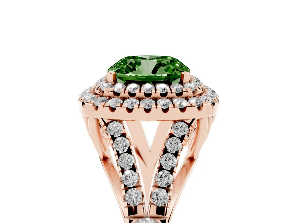 Fancy Green Cushion Cut Diamond Pavé Split Shank Double Halo Engagement Ring Rose gold