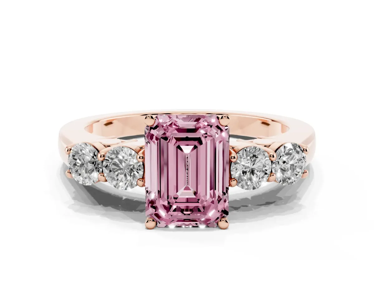 Fancy Pink Emerald Cut Cut Diamond Five-Stone Prong Set White Gold Ring Rose gold