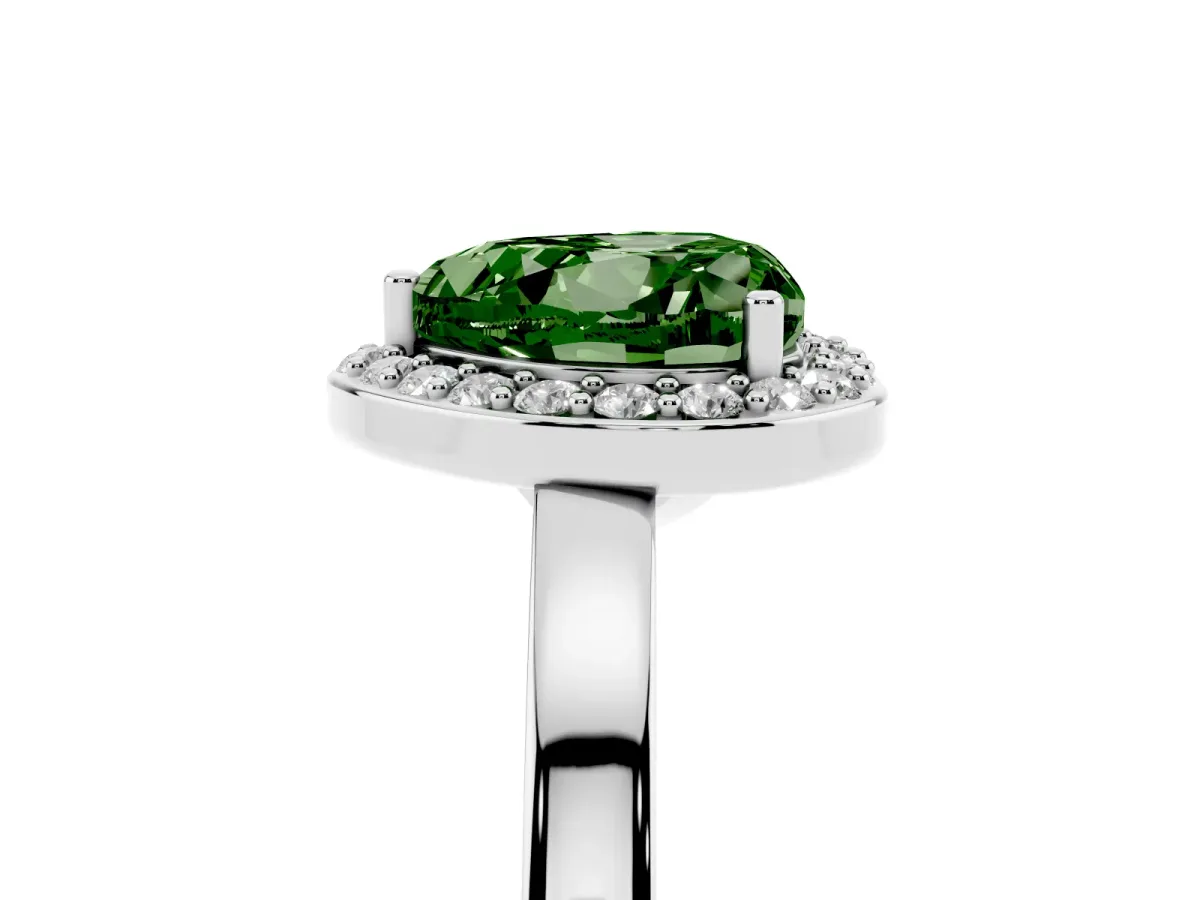 Fancy Green Heart Cut Halo Diamond Ring with Solitaire Band and Prong Setting Silver