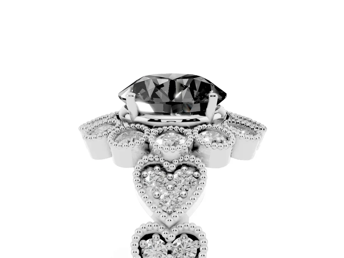 Fancy Black Round Cut Brilliant Milgrain Pave Heart Band Solitaire Ring Silver