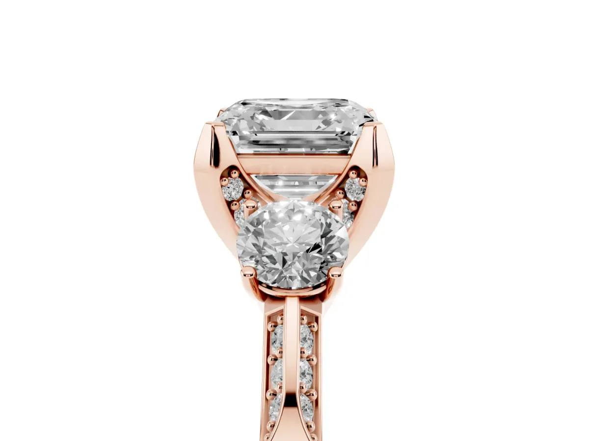 Asscher Cut Brilliant Three-Stone Diamond Ring with Pavé Band and Four-Prong Setting Rose gold