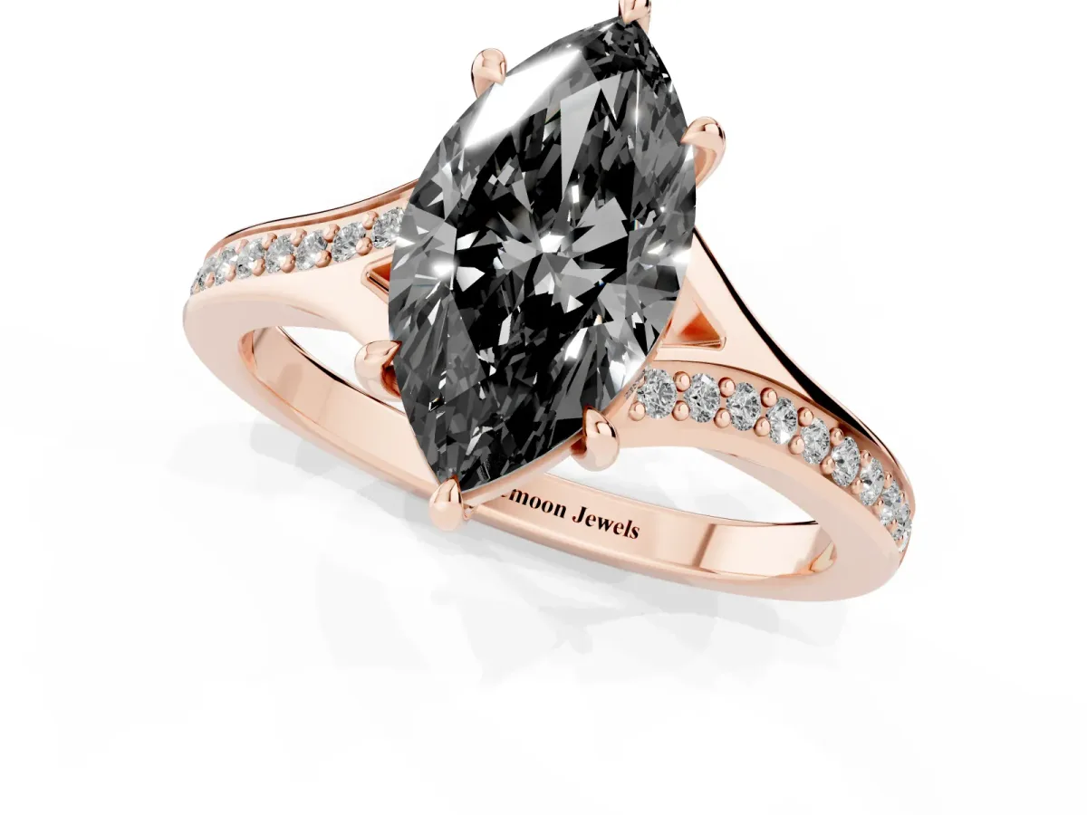 Fancy Black Marquise Cut Diamond Solitaire Ring with Pavé Band and Prong Setting Rose gold