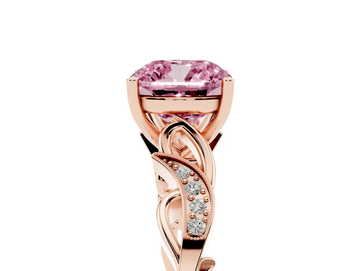 Fancy Pink Cushion Cut Solitaire Vine Band with Milgrain Prong Setting Rose gold