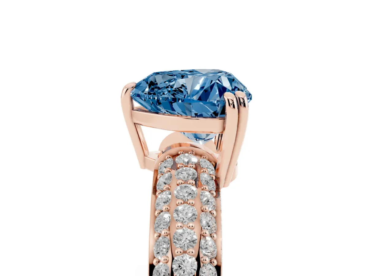 Fancy Blue Heart Cut Diamond Solitaire Ring with Multi-Row Round Pavé Band and Prong Setting Rose gold